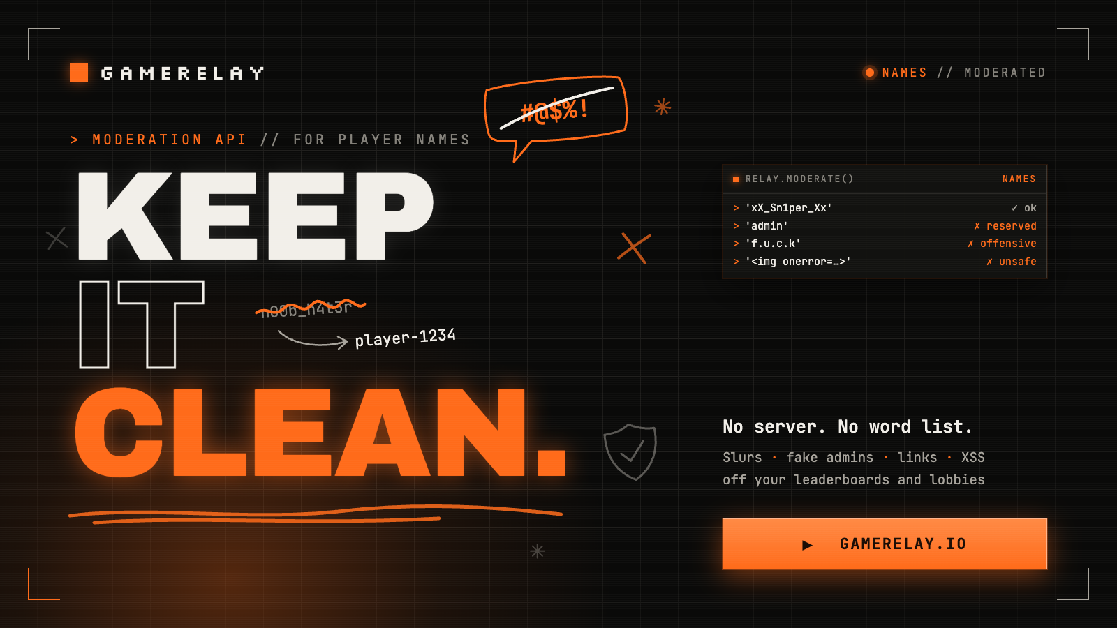 Keep it clean. GameRelay Moderation API: slurs, fake admins, links and HTML kept out of player names, with no server and no word list.